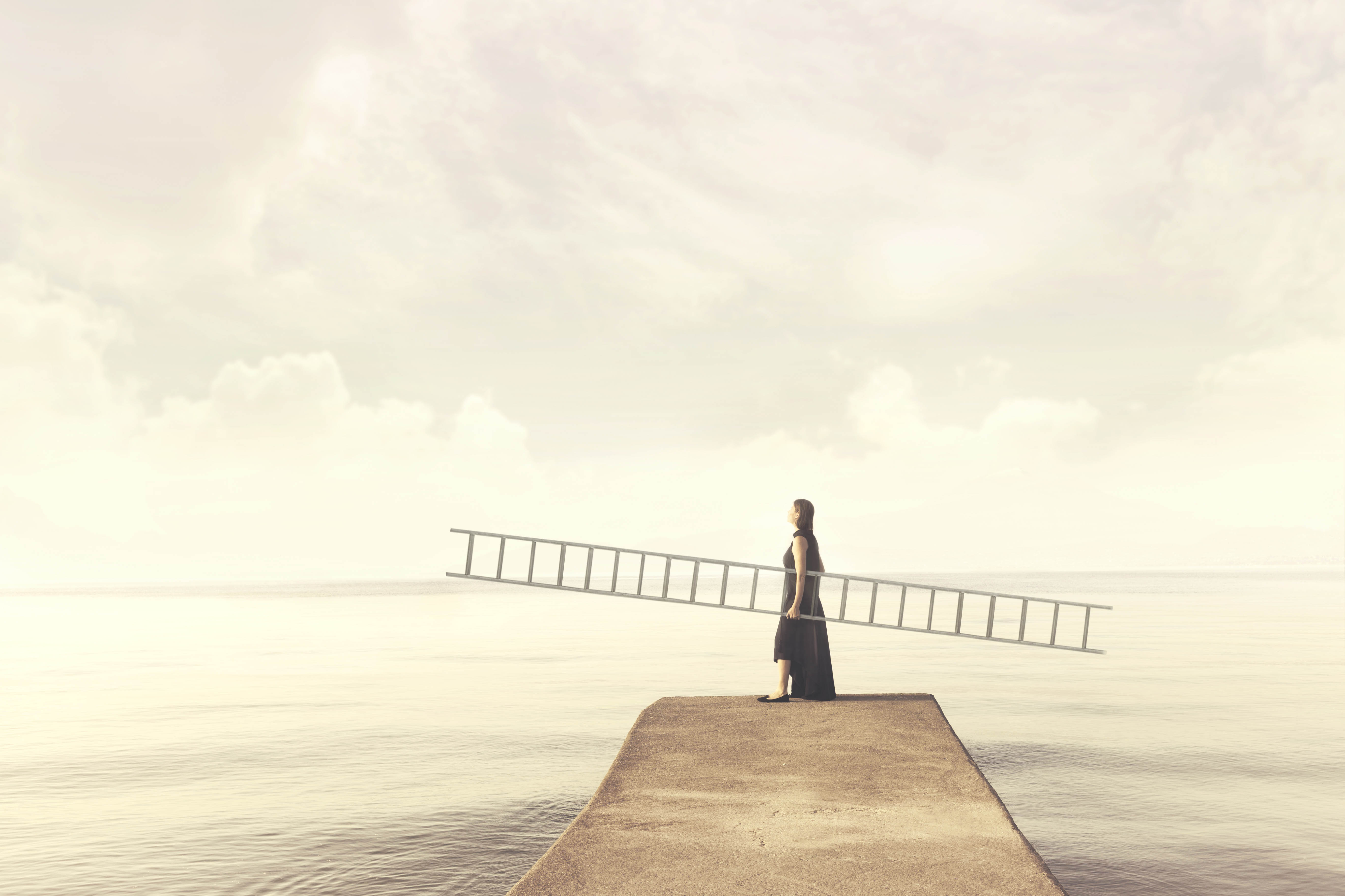 Woman holding a long ladder, staring up into the sky